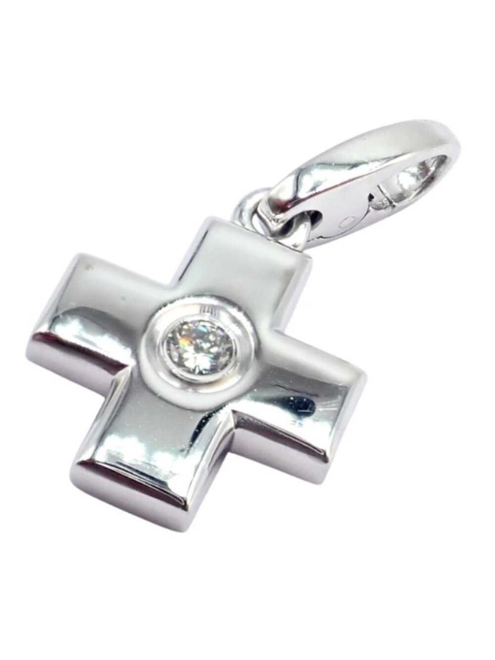 Authentic! Cartier 18k White Gold Diamond Small Cross Charm Pendant